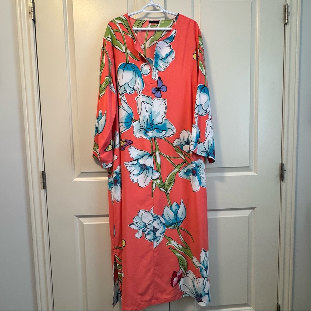 Natori PLUS Floral Long Sleeve Dress Wild Poppy Caftan Cover-up Coral Sz 1x